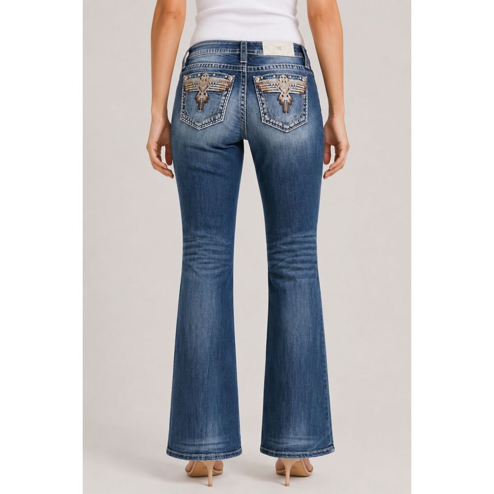 Miss Me Mid Rise Boot Cut Jeans Embellished Owl Graphic Western 27
